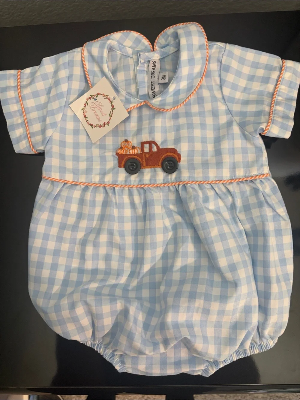 Sweet Dreams Light Blue and White Gingham Baby Bubble with Orange Trim and Truck